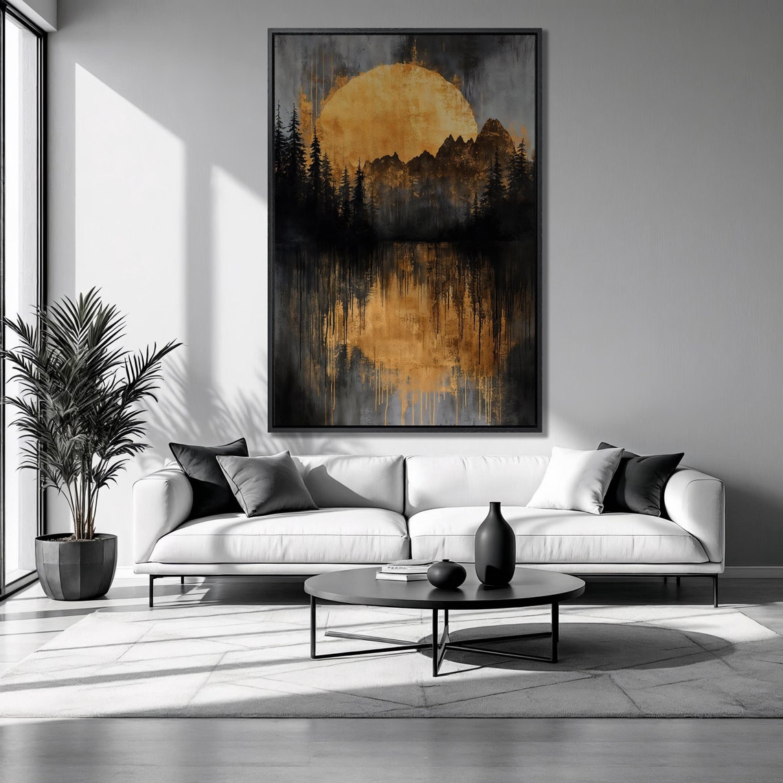 Golden Moonrise Black Pine Forest Mountain Lake Reflection Art Poster
