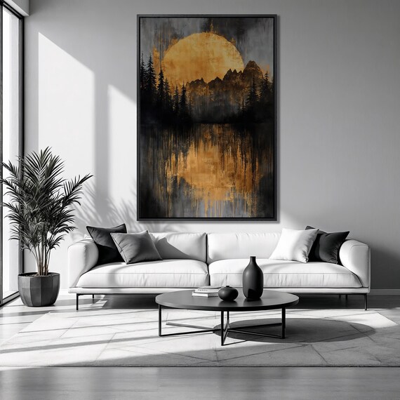 Golden Sunset Sky Framed Print Dark Pine Forest Luxury Art Mountain Painting Print Silhouette Trees Decor Ready To Hang