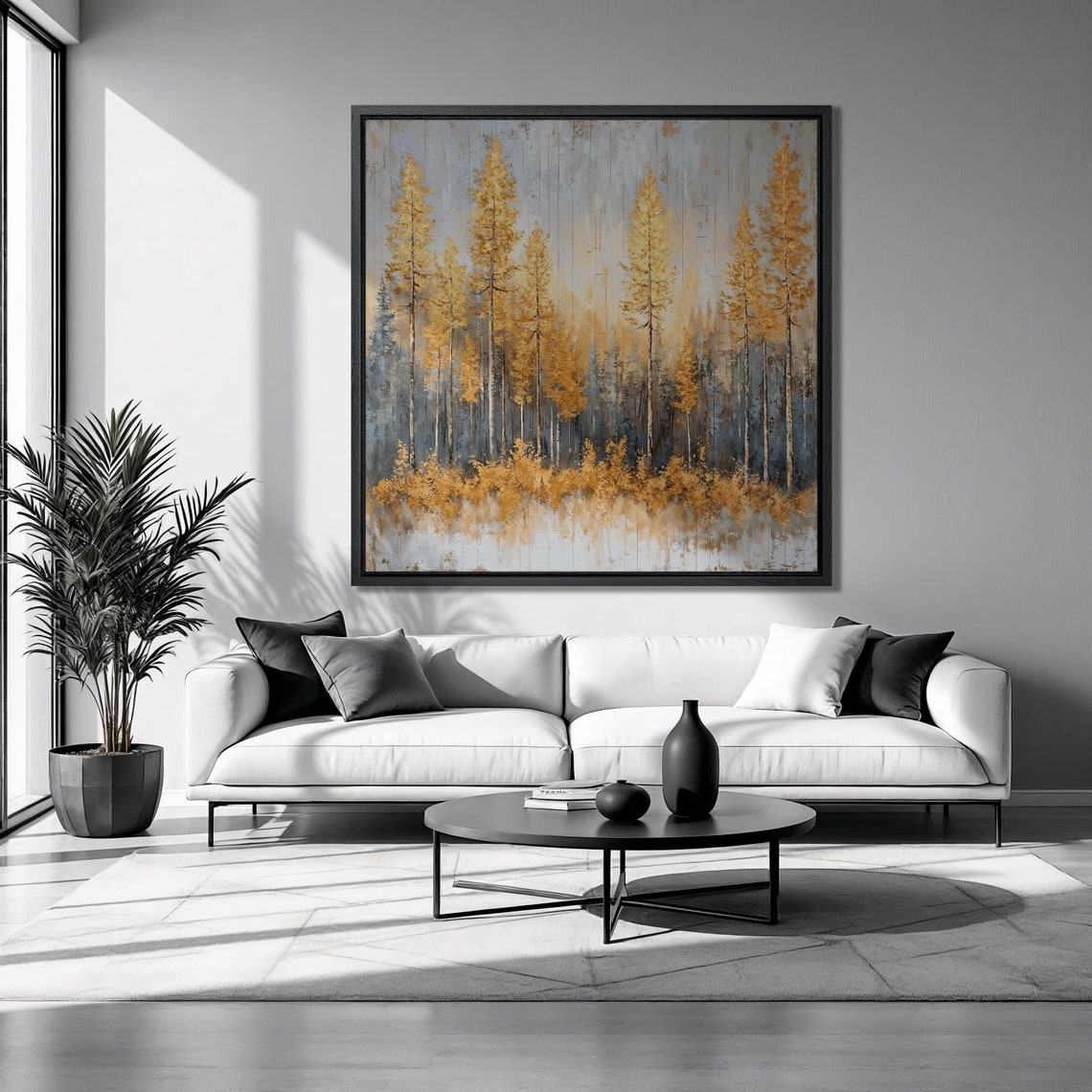 Tall Golden Trees Meadow Mist Gray Blue Abstract Nature Poster