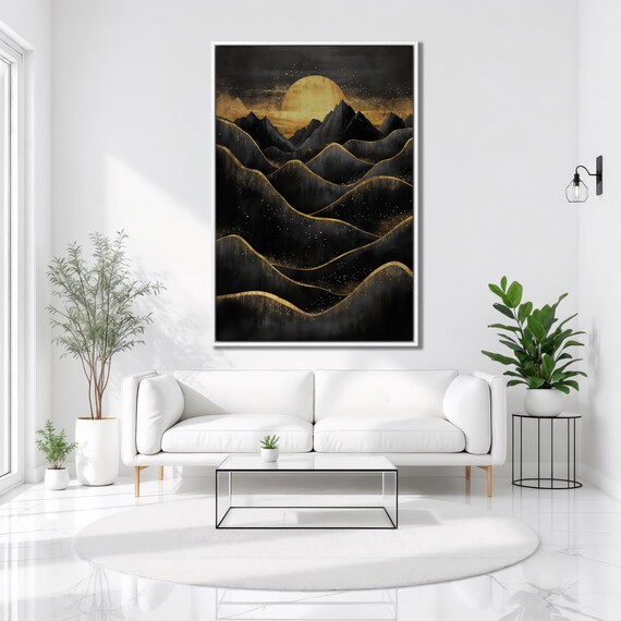 Black Mountains Landscape Framed Print Golden Moon Horizon Luxury Art Dark Night Painting Print Mystic Decor Ready To Hang