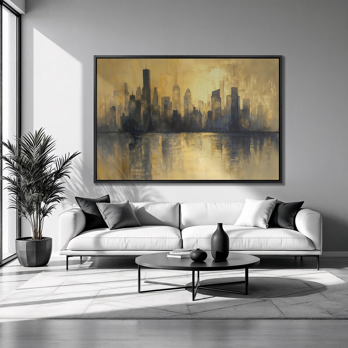 Golden Black City Skyline Water Reflection Abstract Urban Art Poster
