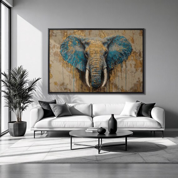 Majestic Elephant Teal Blue Gold Leaf Abstract Wildlife Poster