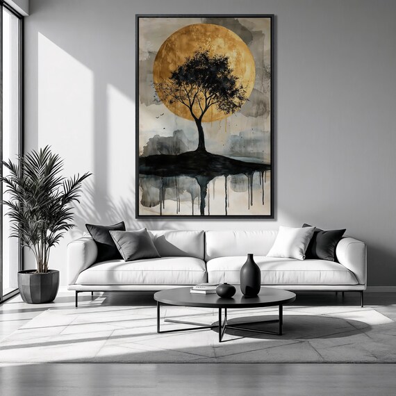Tree Silhouette Framed Print Big Gold Full Moon Luxury Art Abstract Fluid Painting Print Lunar Landscape Decor Ready To Hang