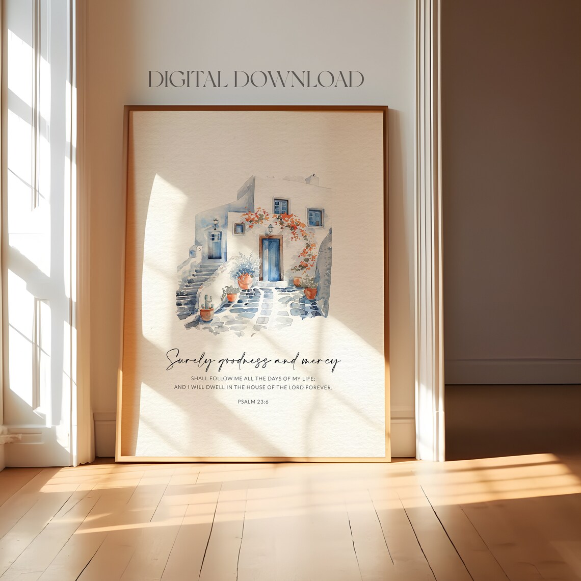 Psalm 23:6 Surely Goodness and Mercy Santorini Whitewashed Village Poster - Image 4