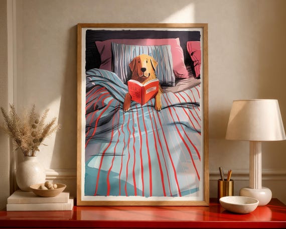Golden Retriever Reading Wall Art Print Book Lover Dog Poster Cozy Bedroom Pet Artwork Whimsical Animal Decor