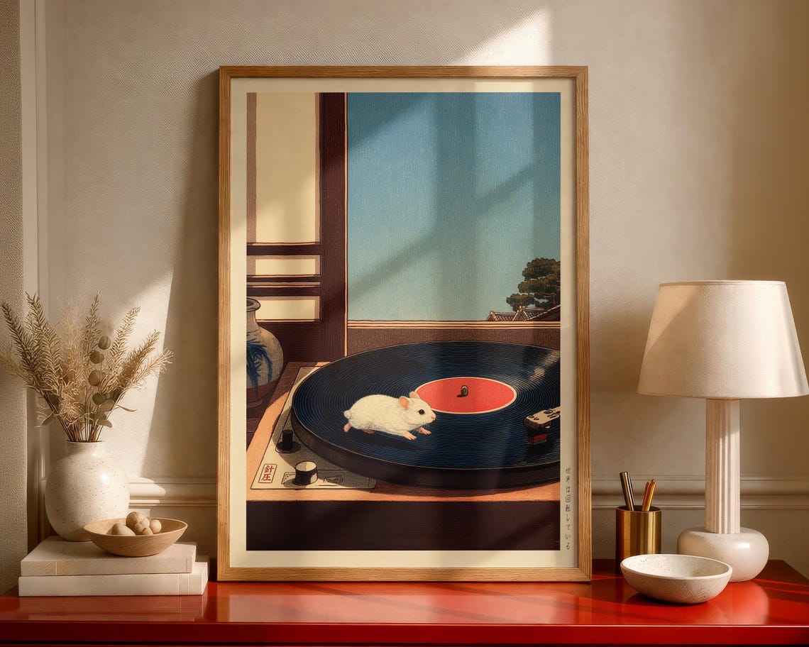 White Hamster Running on Vinyl Record Turntable Japanese Art Poster