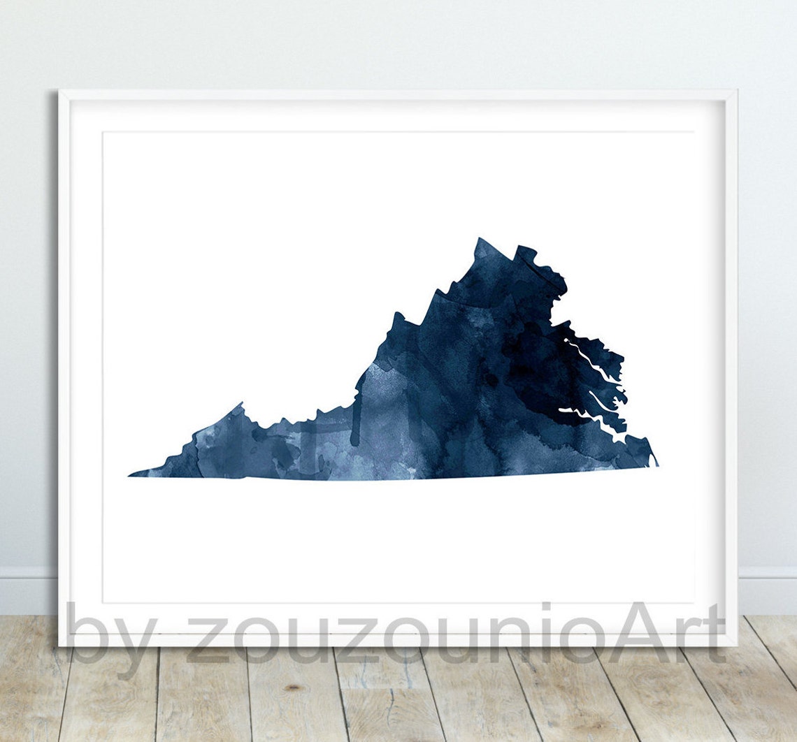 Virginia State Silhouette Navy Blue Watercolor Modern Map Art Poster