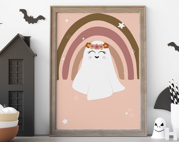 Cute Halloween Ghost with Flower Crown Under Boho Rainbow Poster