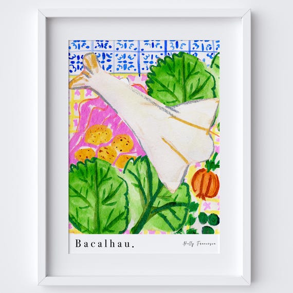 Bacalhau Table Scene Art Print Portuguese Dish Salted Codfish Watercolour Pastel Poster Kitchen Food