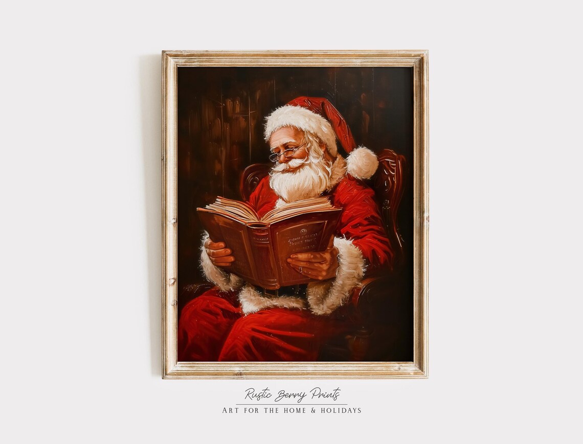 Vintage Santa Claus Reading Book By Armchair Cozy Christmas Art Poster