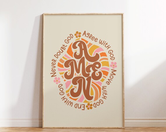 Amen Retro Groovy Circular Typography Faith Quote Christian Poster