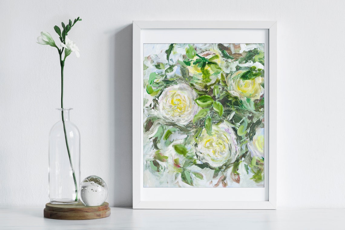 White Cream Roses Green Foliage Elegant Floral Painting Poster