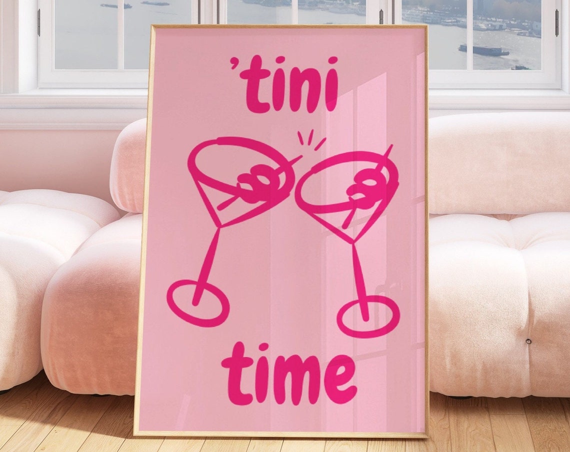 Tini Time Martini Cocktail Pink Bar Cart Cute Cheers Art Poster