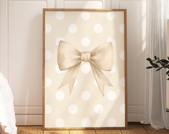 Beige Bow Print Preppy Aesthetic Wall Art Teen Room Decor Preppy Poster White Bow Apartment Decor Neutral Nursery Print Pastel Poster