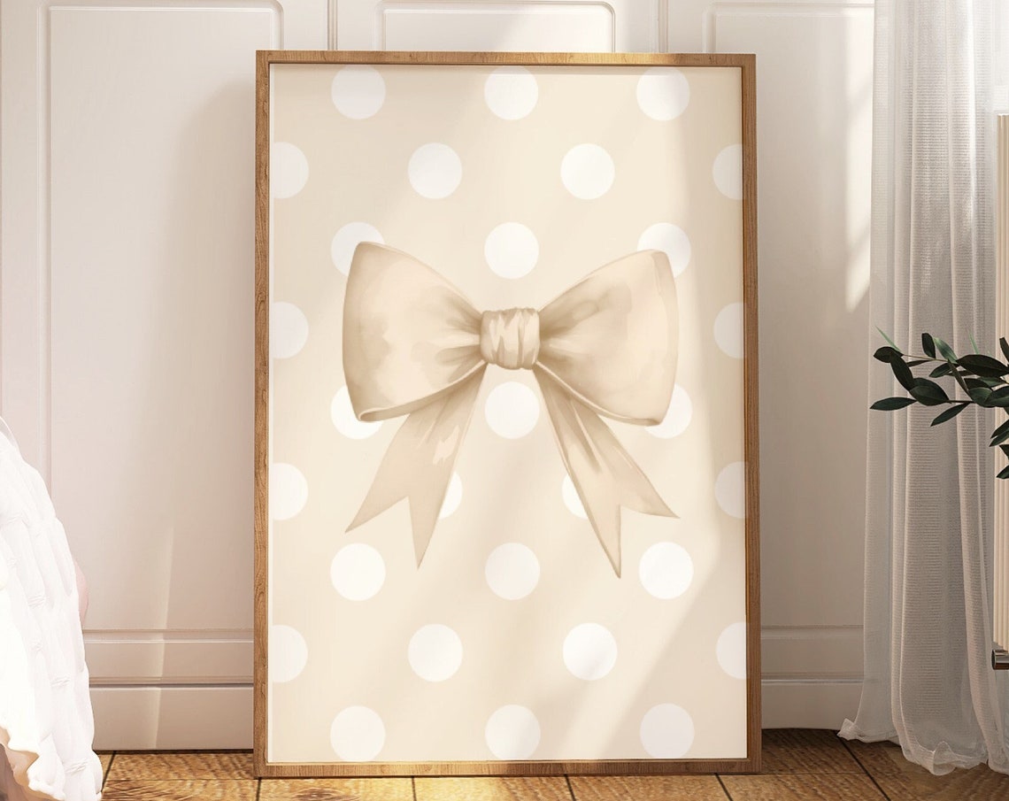 Beige Bow on Cream Polka Dot Background Preppy Nursery Girls Art Print