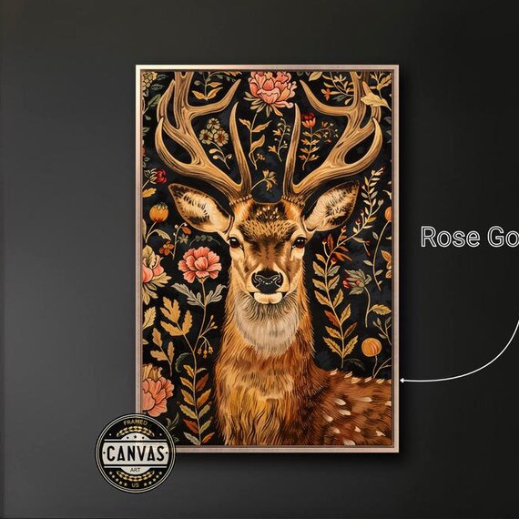 Elegant Stag Antlers Vintage Floral Tapestry Style Animal Poster