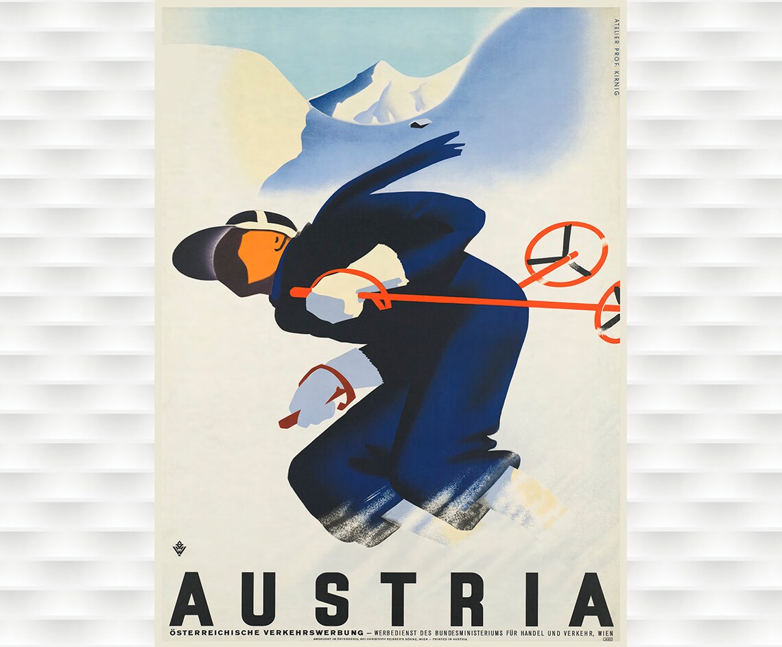 Austria Vintage Ski Tourism Poster Downhill Skier Winter Alpine Art