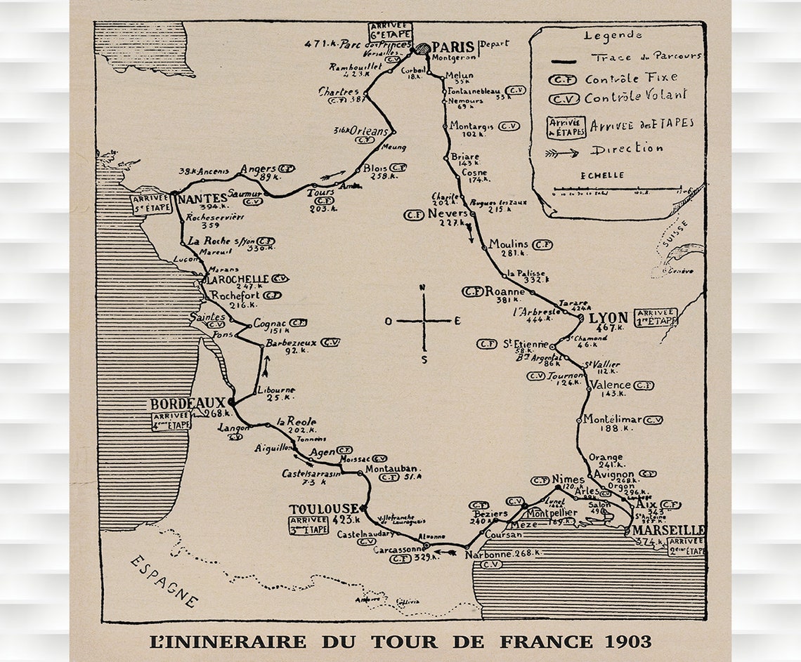 First 1903 Tour de France Itinerary Route Map Vintage Cycling Poster