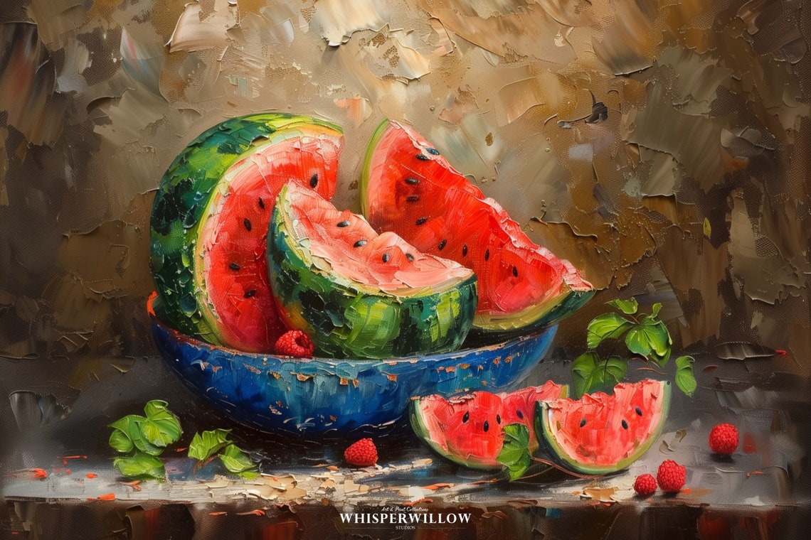 Watermelon Still Life Painting Art Blue Bowl Summer Fruit Poster - Image 6