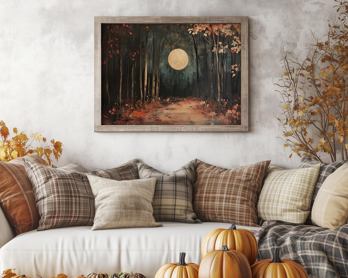 Bright Full Moon Rising Over a Dark Autumn Forest Path Poster - Image 5