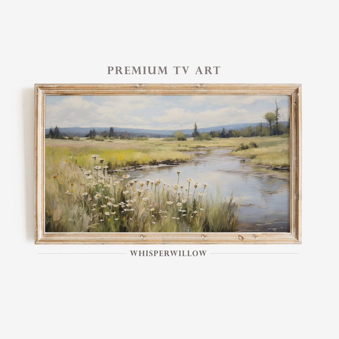 Quiet River Winding Through a Wildflower Meadow Landscape Poster