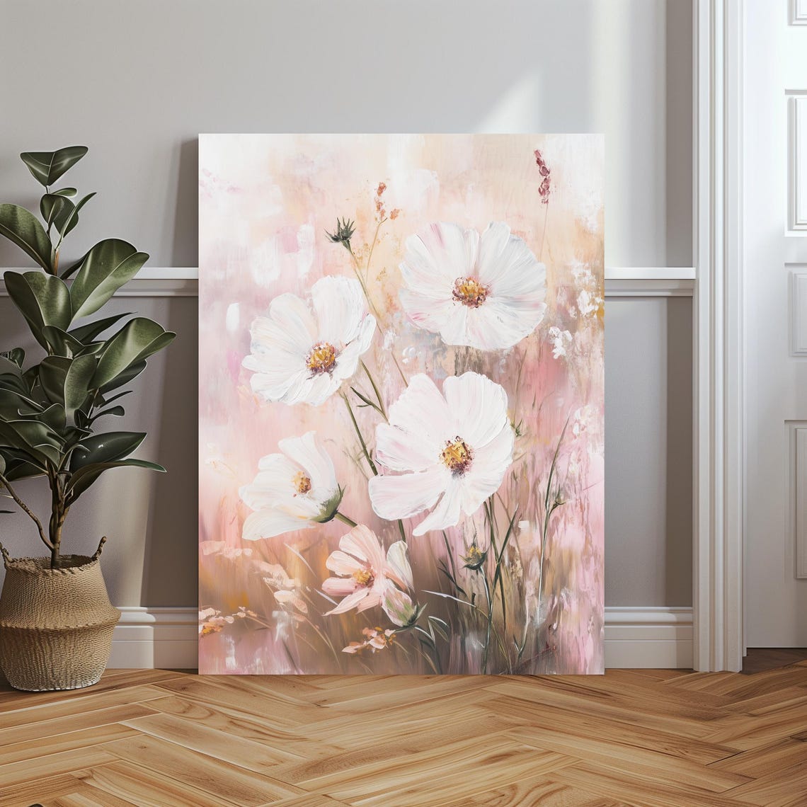 Soft White Cosmos Flowers on Blush Pink Floral Painting Poster - Image 5