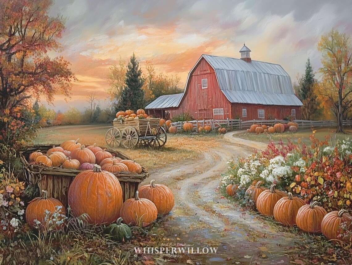 Rustic Red Barn Pumpkin Farm Autumn Art Print - Image 6