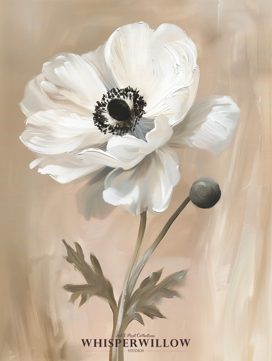 White Anemone Bloom Single Flower Still Life Painting Neutral Wall Art - Image 6