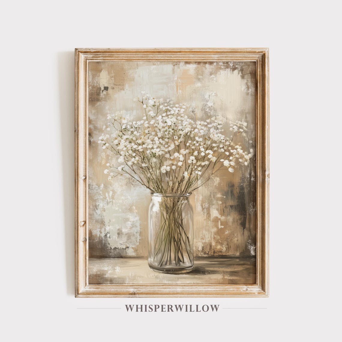 Neutral Babys Breath Flowers in Glass Jar Rustic Floral Poster