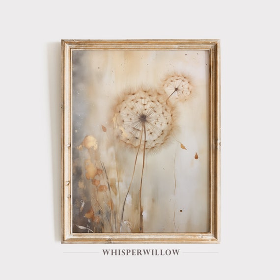 Moody Dandelion Painting, Vintage Botanical Art Print