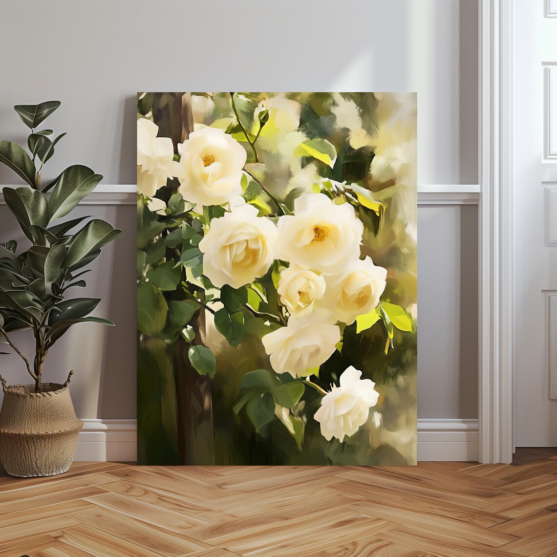 Elegant Cream White Roses Blooming Floral Garden Painting Wall Art - Image 3