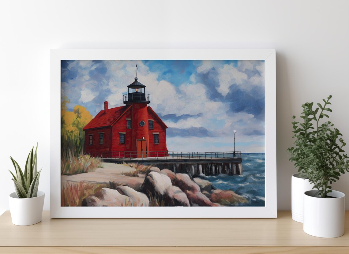 Red Lighthouse Coastal Landscape Painting Rocky Seashore Waves Poster - Image 5