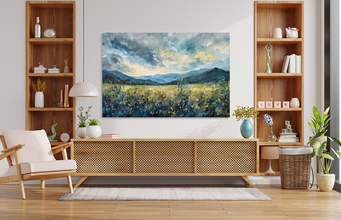 Wildflowers and Mountains Cool Blue Tones Oil Painting Poster - Image 2