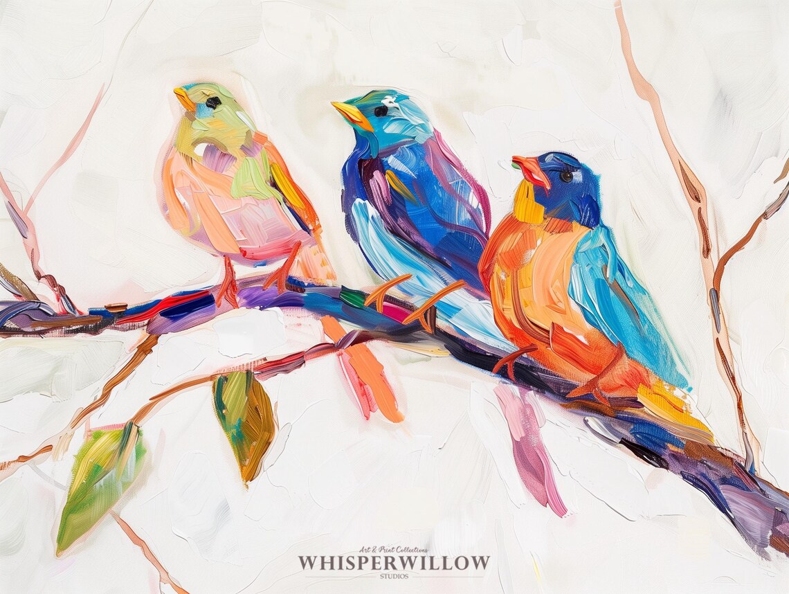 Colorful Birds On A Branch, Abstract Wildlife Art Print - Image 6