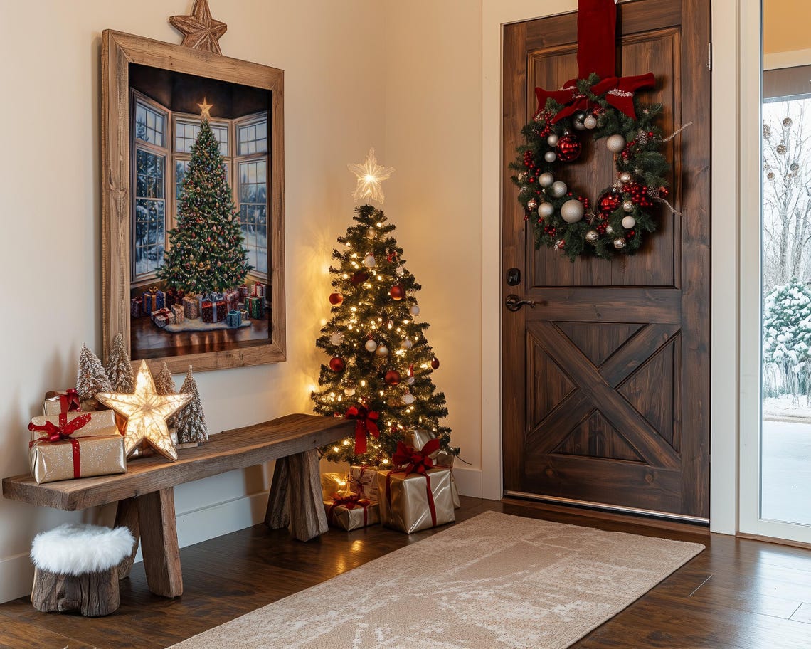 Decorated Christmas Tree with Presents by Bay Windows at Night Poster - Image 3