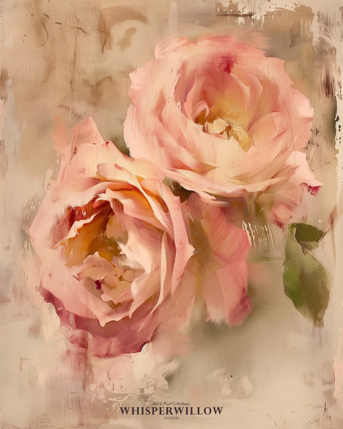 Two Blush Pink Roses Impressionistic Floral Painting Vintage Poster - Image 6