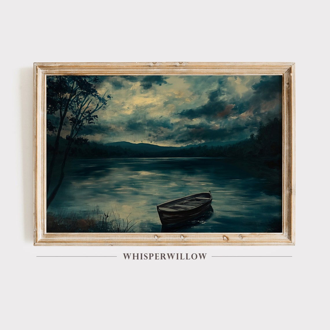 Moonlit Lake With Lone Rowboat Dark Moody Night Landscape Poster