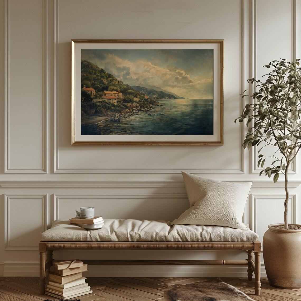 Mediterranean Coastal Village at Golden Hour Painting Poster - Image 4
