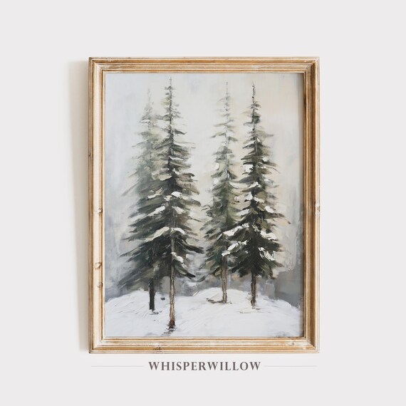 Minimalist Snowy Pine Trees Winter Forest Misty Watercolor Poster