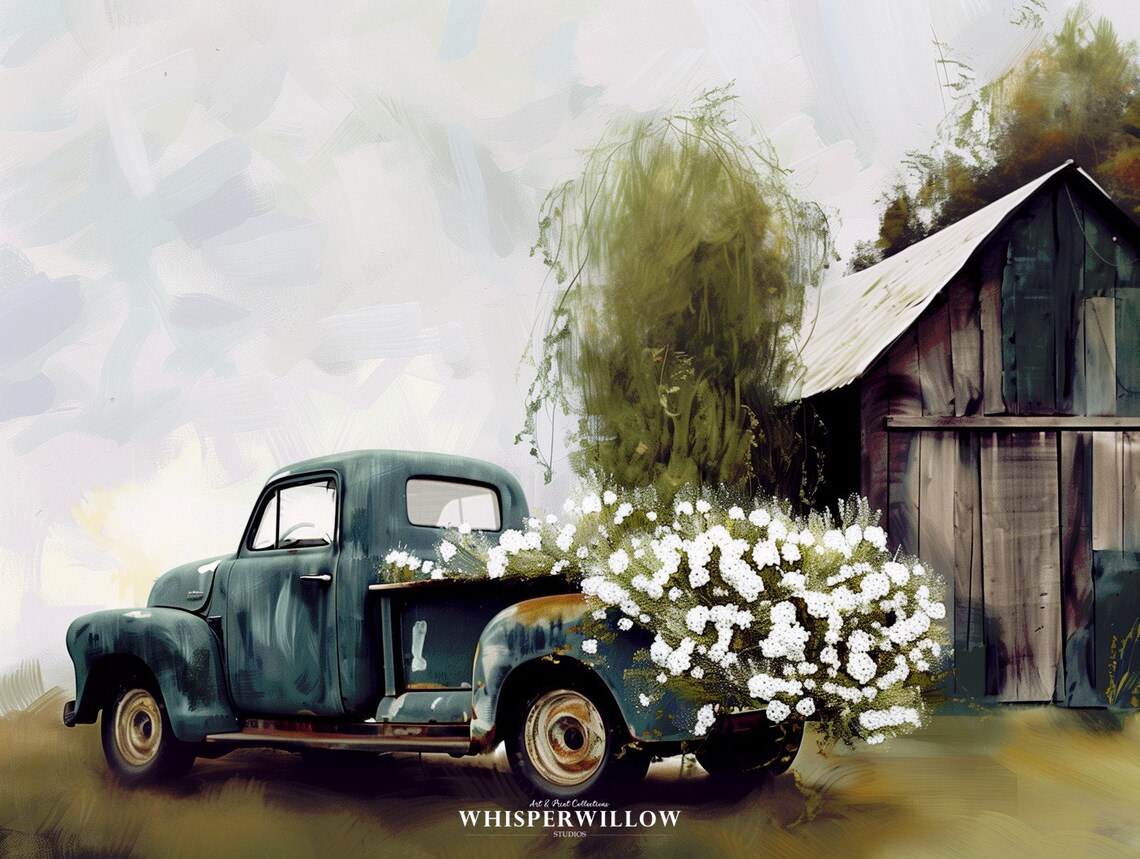 Vintage Blue Truck With Wildflowers Rustic Barn Farmhouse Art Poster - Image 6