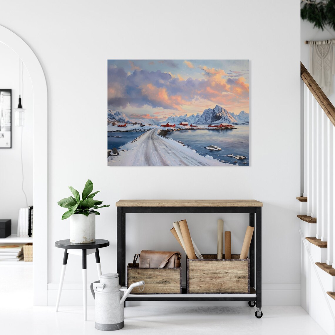 Snowy Norwegian Fjord Village At Sunset Winter Landscape Art Poster - Image 2