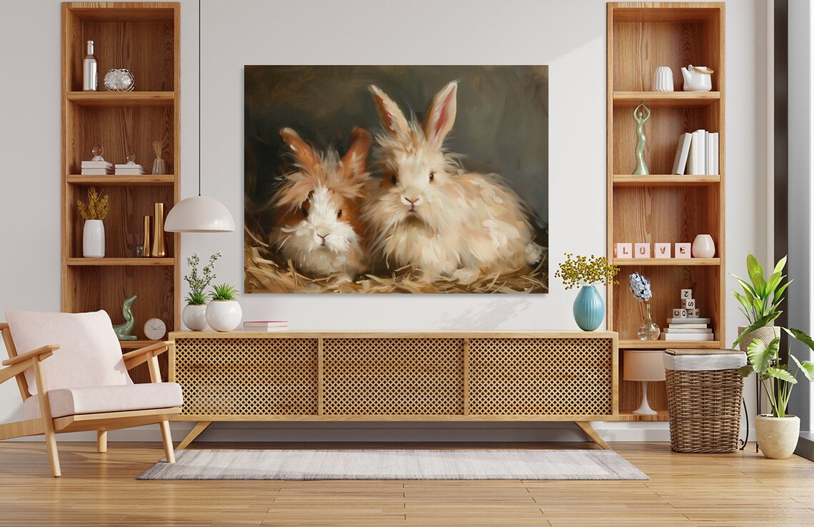 Two Fluffy Angora Rabbits In Hay Vintage Animal Oil Painting Poster - Image 5