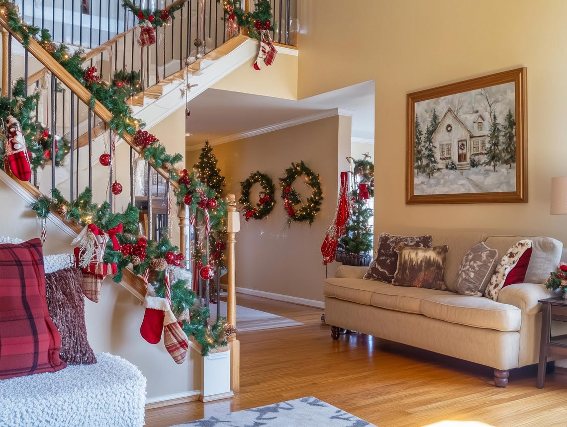 Cozy White Christmas Cottage with Wreaths in Soft Snow Poster - Image 2