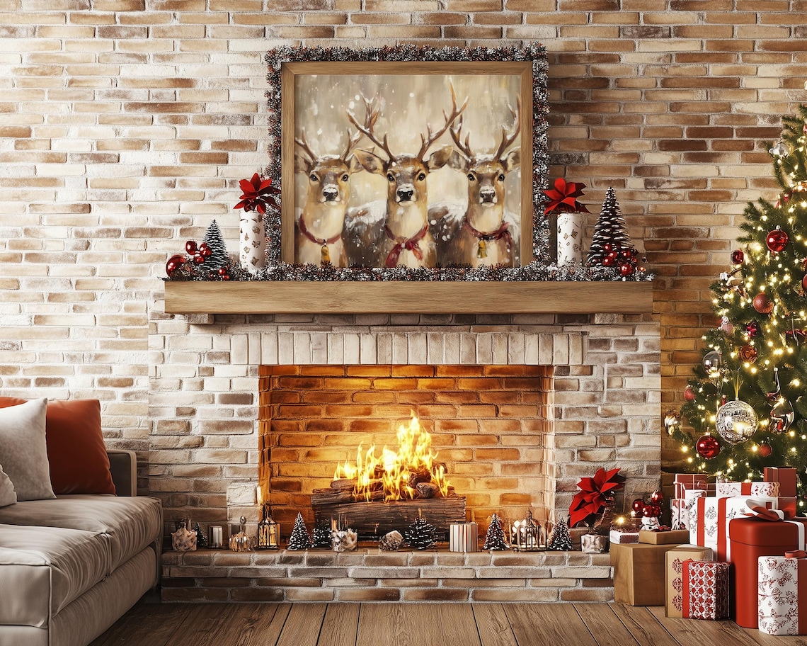 Holiday Reindeer Trio Winter Scene Art Print - Image 4