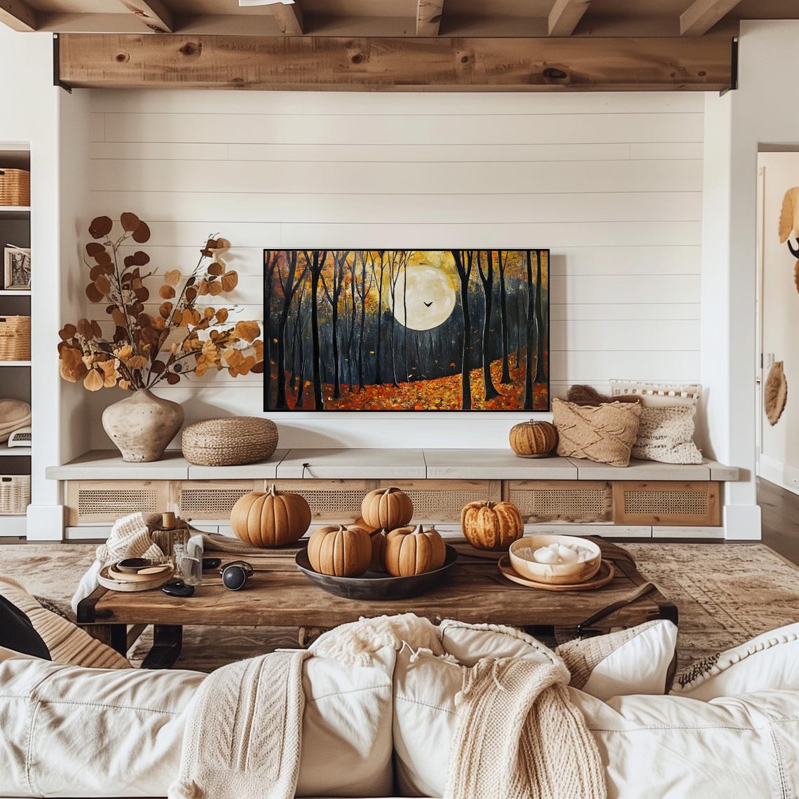 Autumn Forest Moonlight Trees Painting Full Moon Fall Poster - Image 5