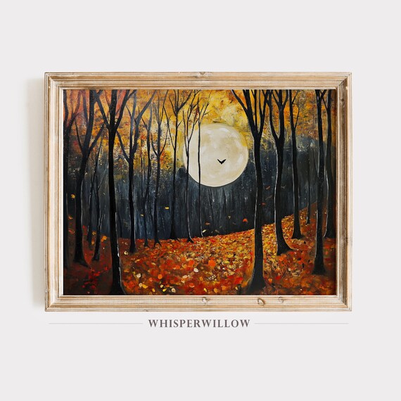 Autumn Forest Moonlight Painting Full Moon Dark Woodland Poster