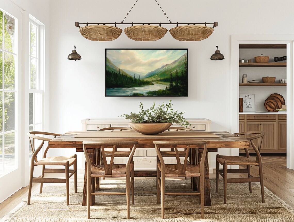 Mountain River Valley Evergreen Forest Misty Landscape Oil Poster - Image 5