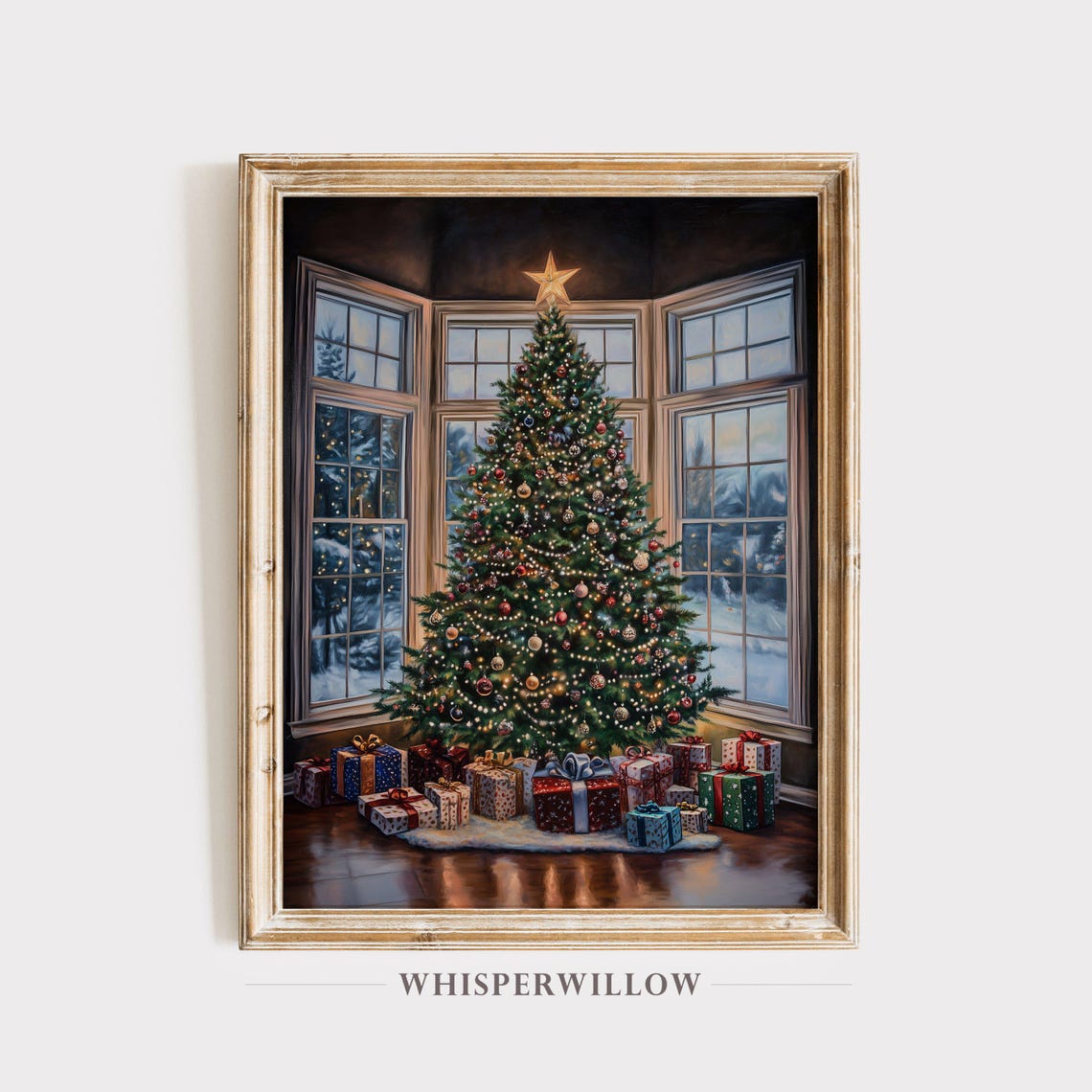 Decorated Christmas Tree with Presents by Bay Windows at Night Poster
