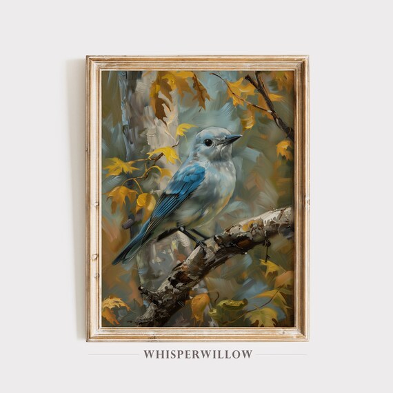 Blue Gray Tanager Bird On Autumn Branch Wildlife Art Painting Poster