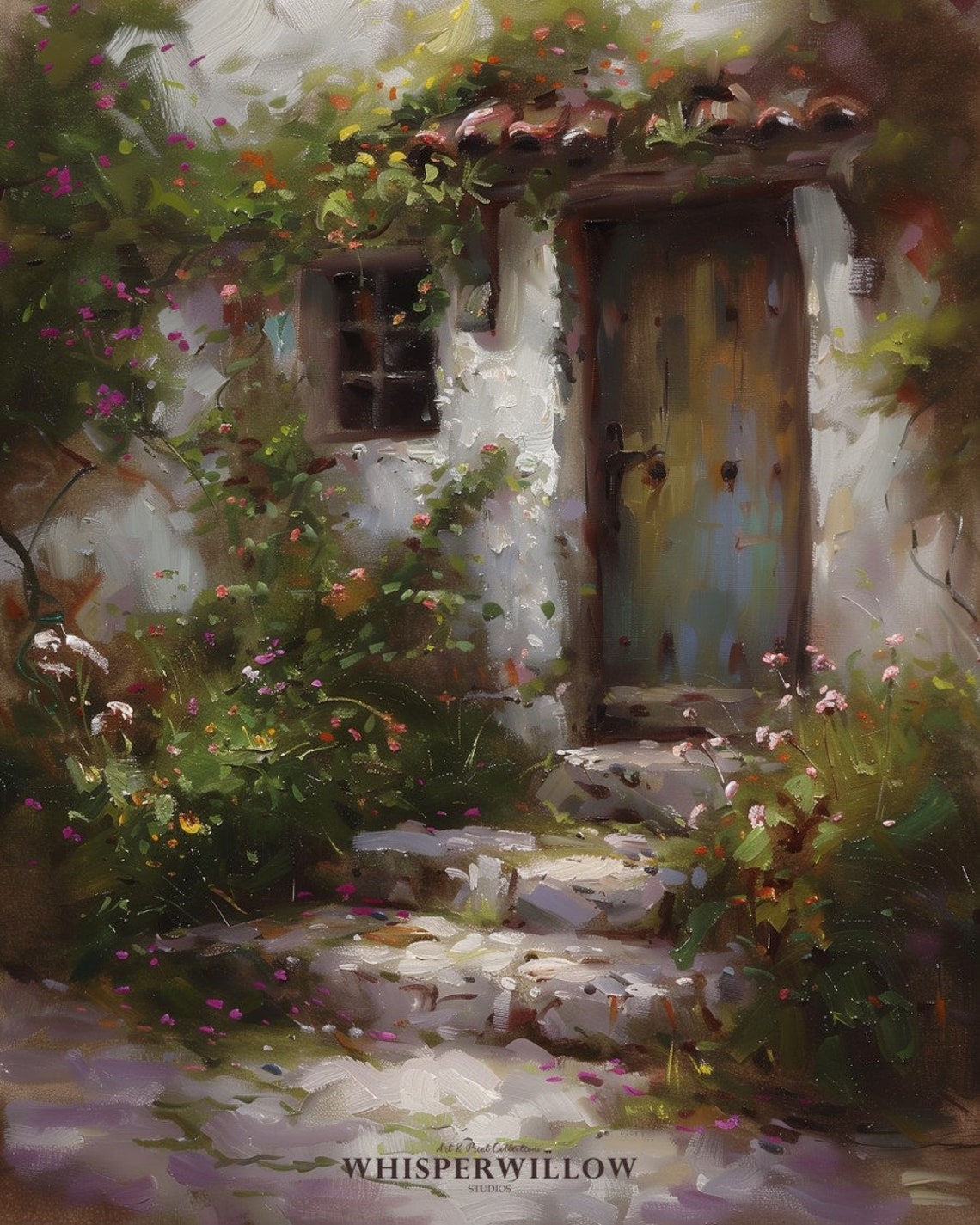 Rustic Old Cottage Door with Climbing Flowers Vintage Painting Poster - Image 6